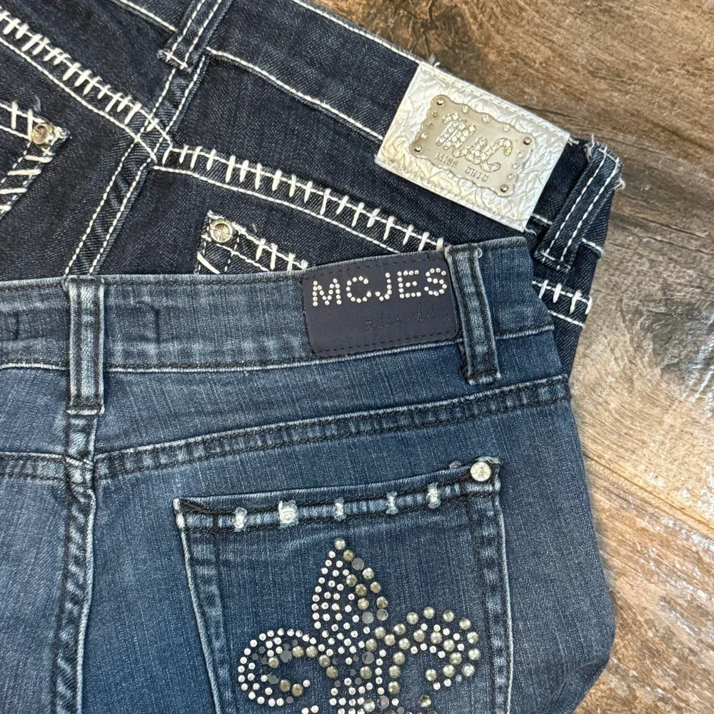 Miss Chic Y2K Rhinestone Fleur De Lis Denim Jeans Bundle, Dark & Med Wash, 7 - Picture 1 of 8